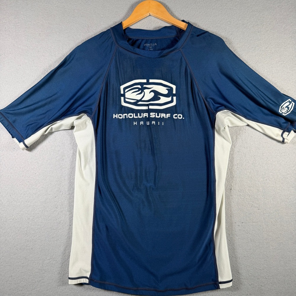 Honolua Surf Co Mens 2XL Navy Blue White SPF 50 Short Sleeve Rash Guard Hawaii